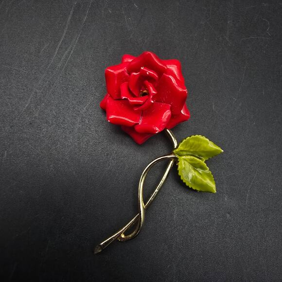 Unknown Jewelry - Red Rose Brooch Gold Tone Enamel Leaves Vintage Costume Jewelry